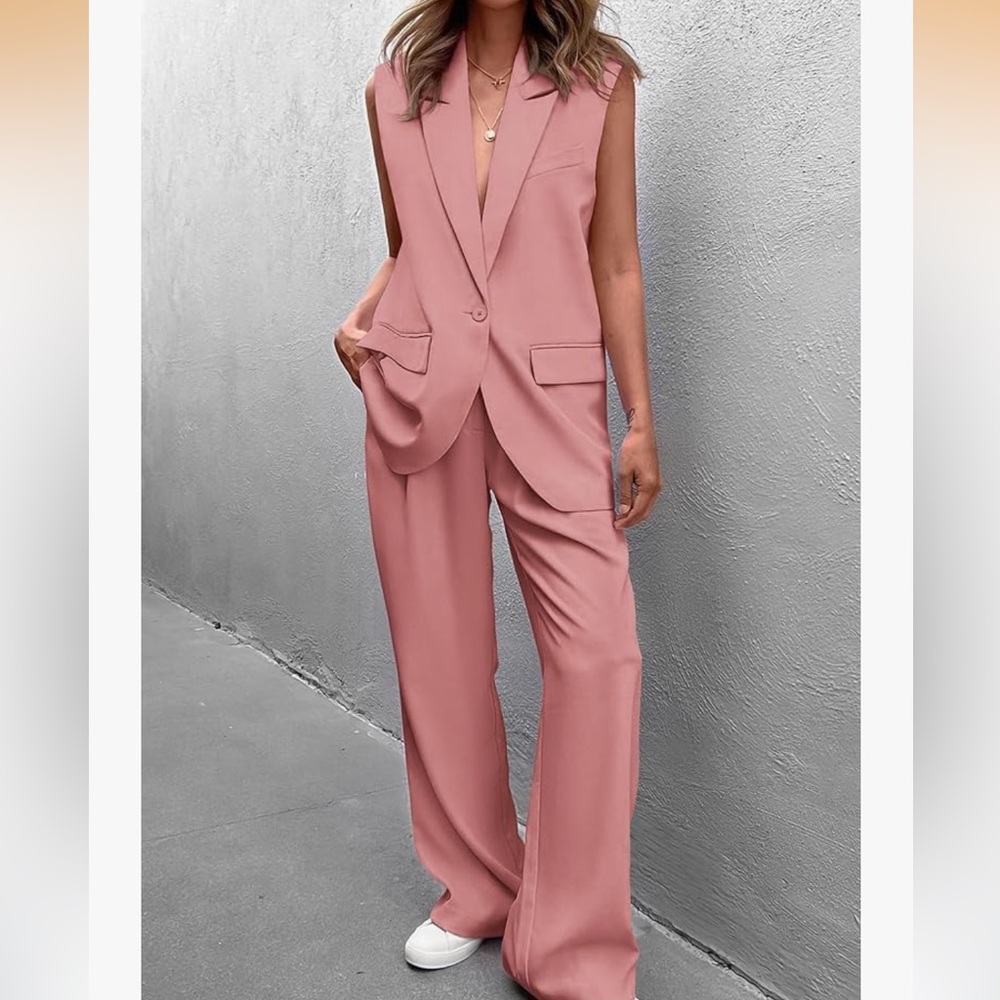 Pink Sleeveless Blazer Vest and Pants Set